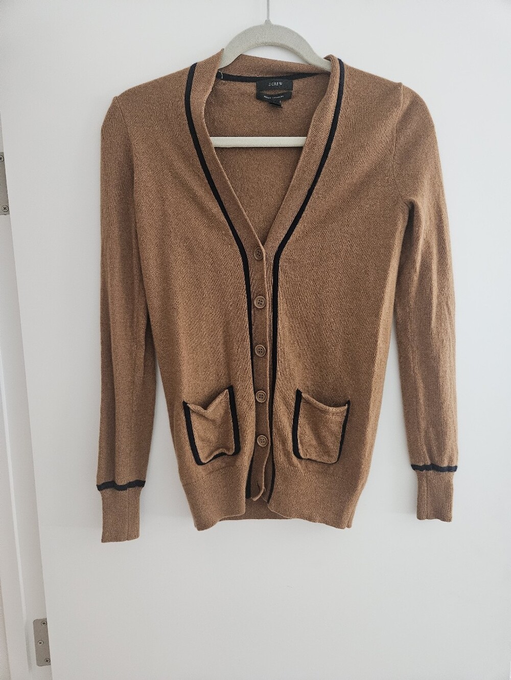 J. Crew Cashmere Camel Cardigan with Black Trim